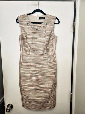 Magaschoni Striped Beaded Tweed Midi Dress in Pink & Cream Size 6 Like New